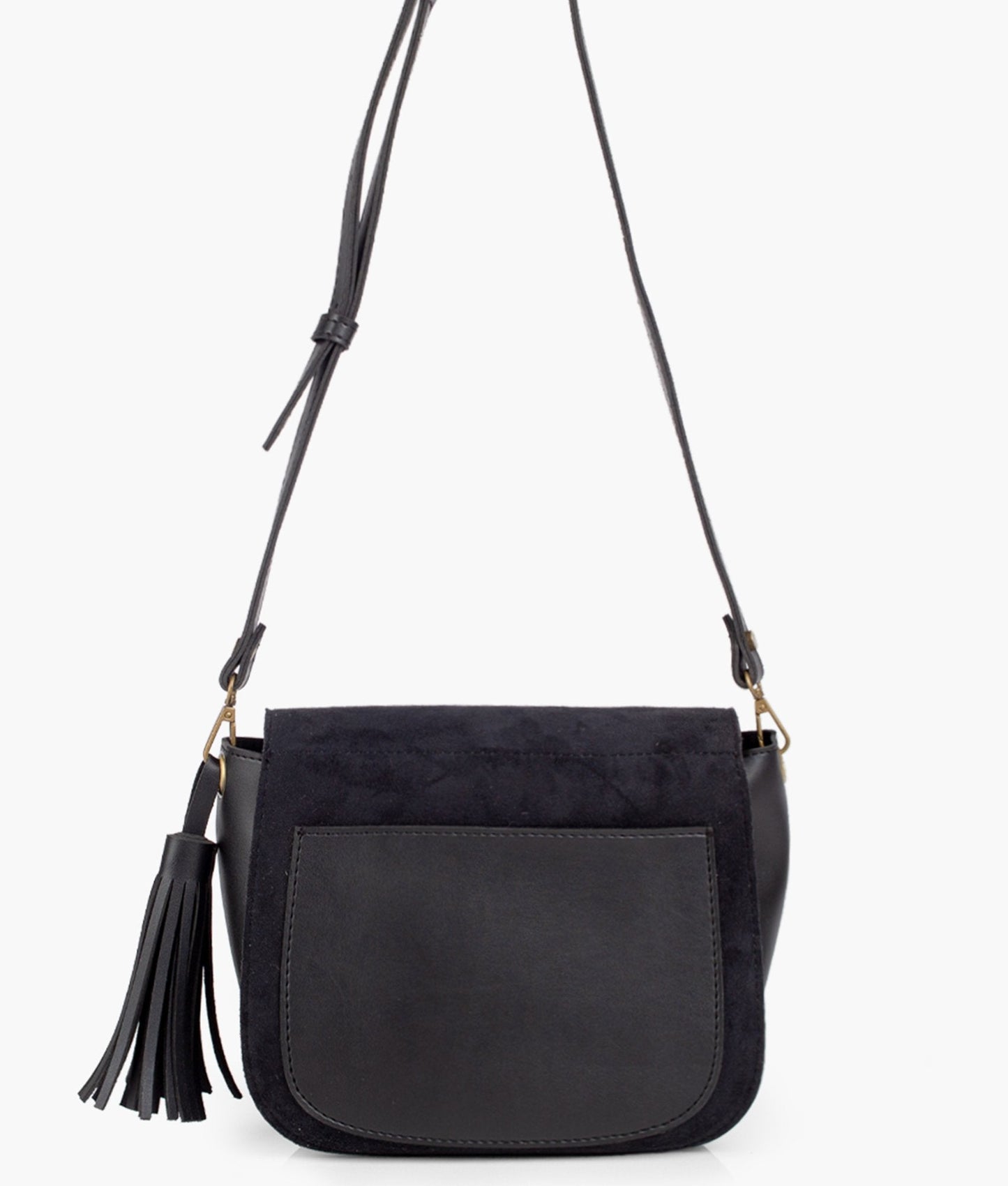 Black suede foldover saddle bag