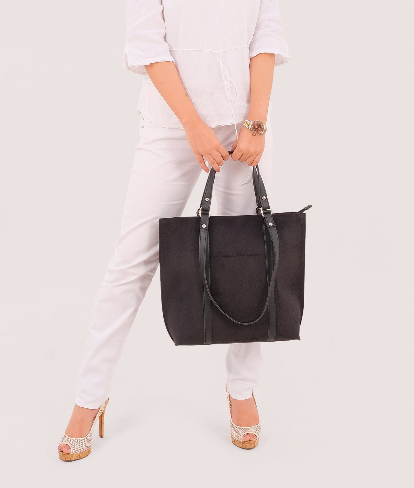 Black suede double-handle tote bag