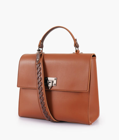 Brown flap-over top-handle bag