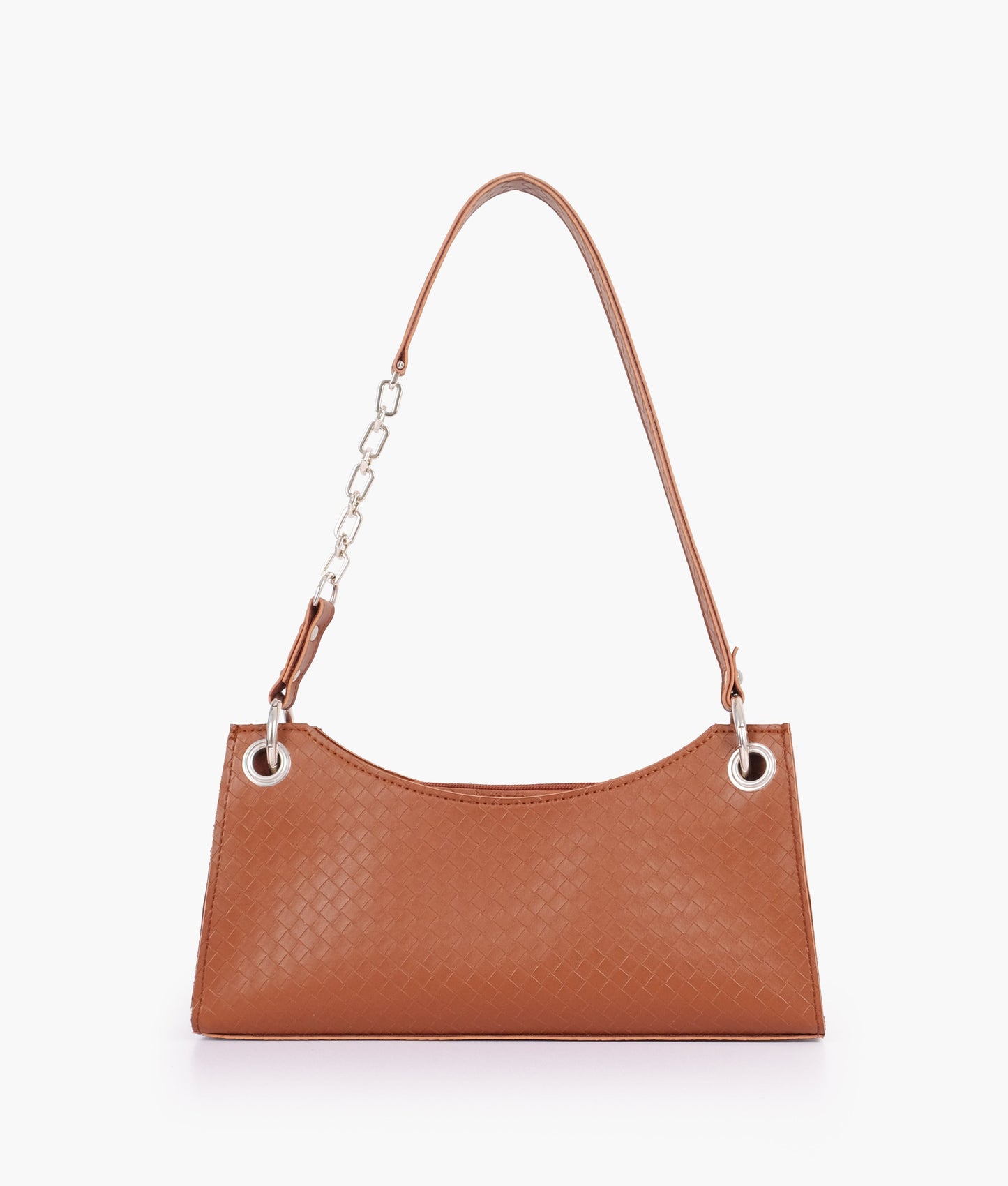 Brown weaved elongated chain handle purse